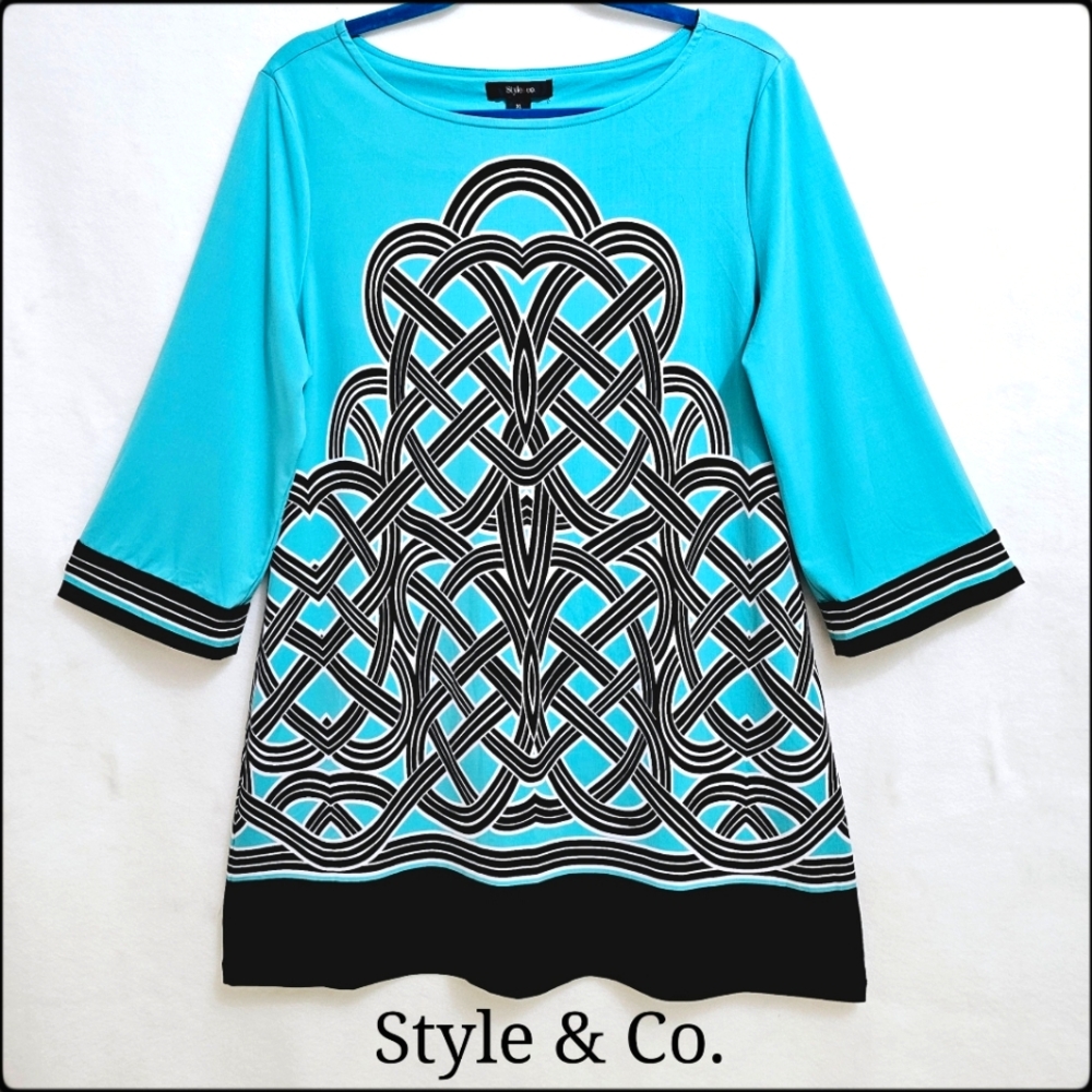 Striking Lattice Design Tunic, Turquoise and Black, by Style & Co, Size XL